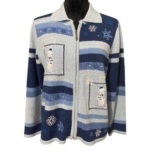 Allison Daley Petite Cardigan Sweater L Knit Snowflake Dog Embroidered Zip Front